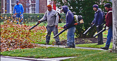 five guys with leaf blowers